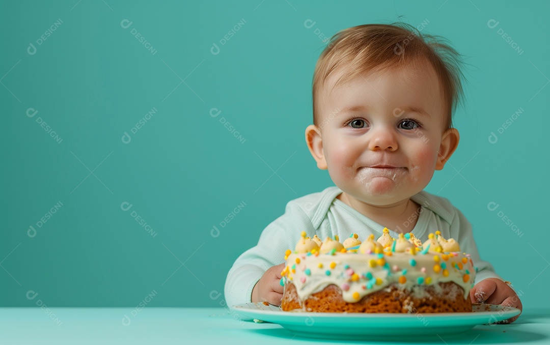 Lindo menino sorridente segurando uma criança de bolo de aniversário