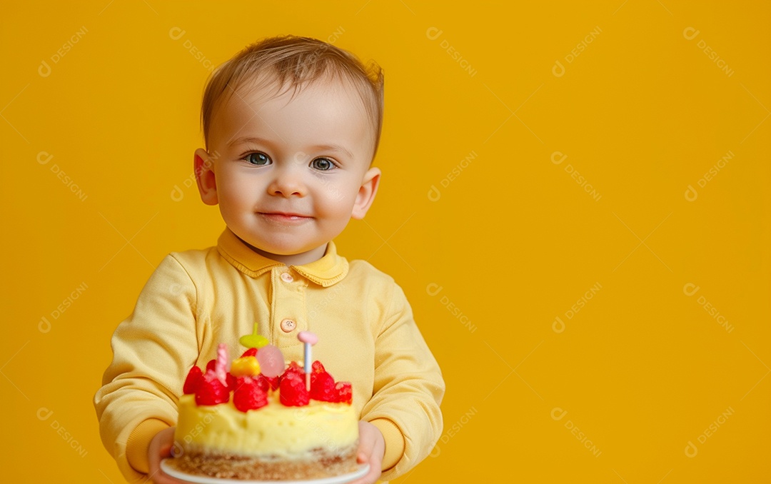 Lindo menino sorridente segurando uma criança de bolo de aniversário