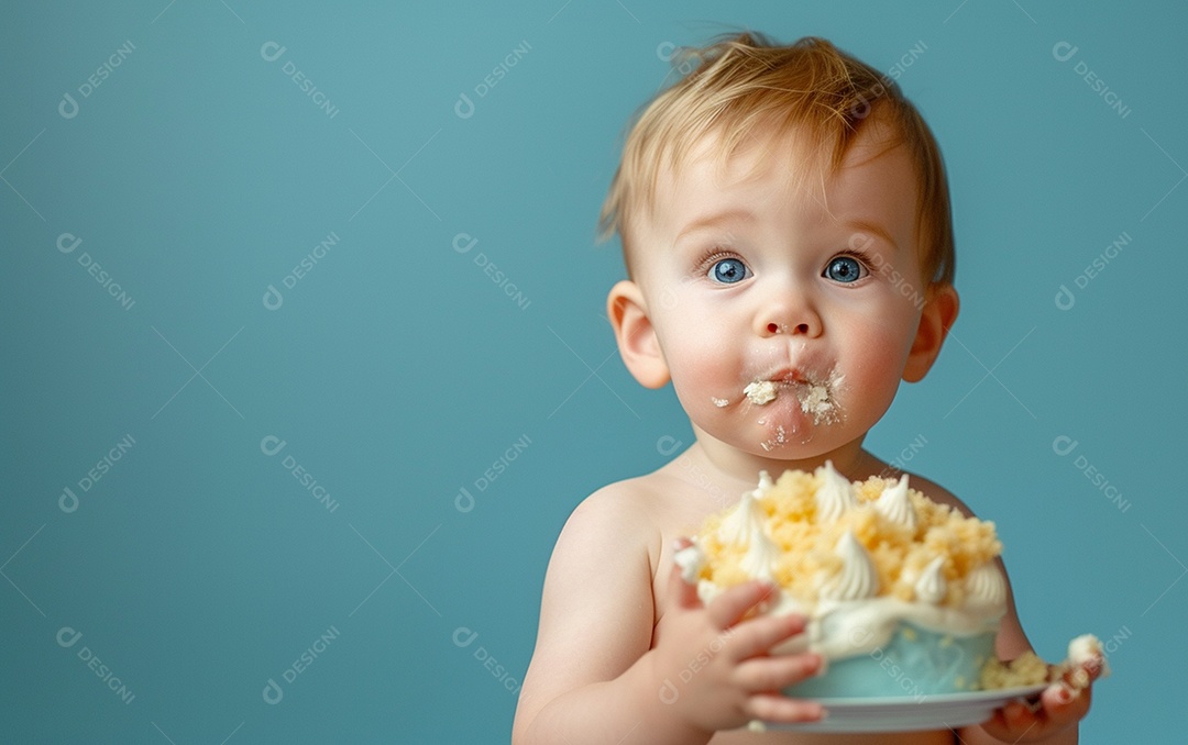 Lindo menino sorridente segurando uma criança de bolo de aniversário