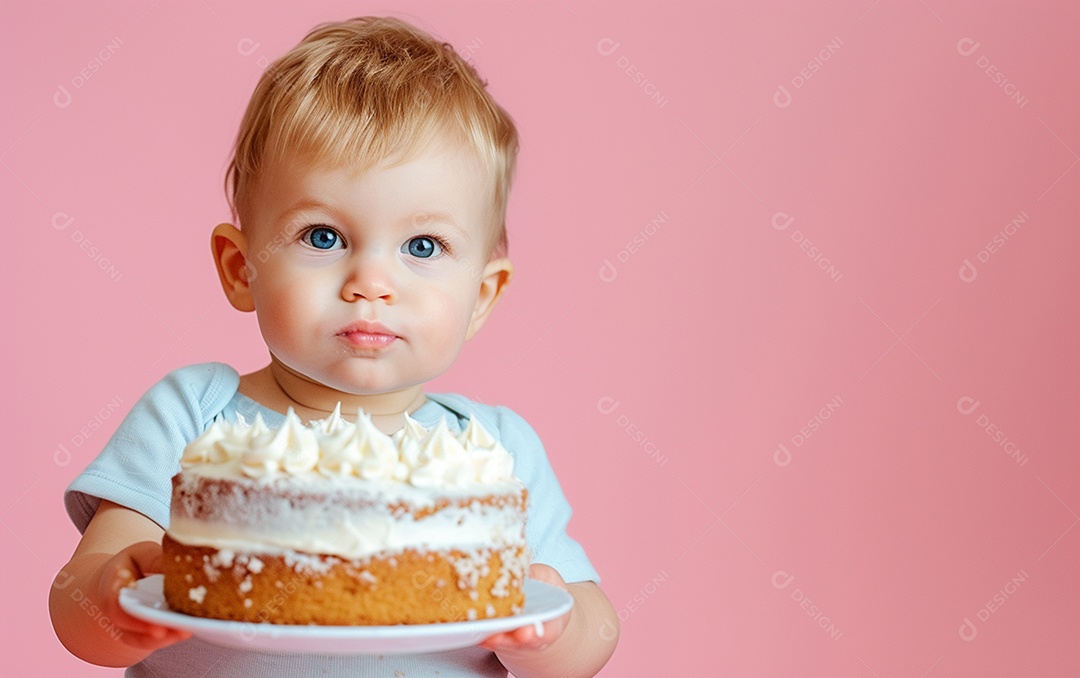 Lindo menino sorridente segurando uma criança de bolo de aniversário