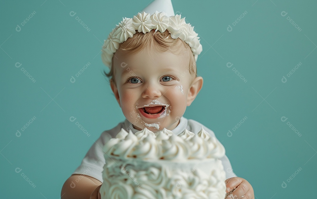 Lindo menino sorridente segurando uma criança de bolo de aniversário