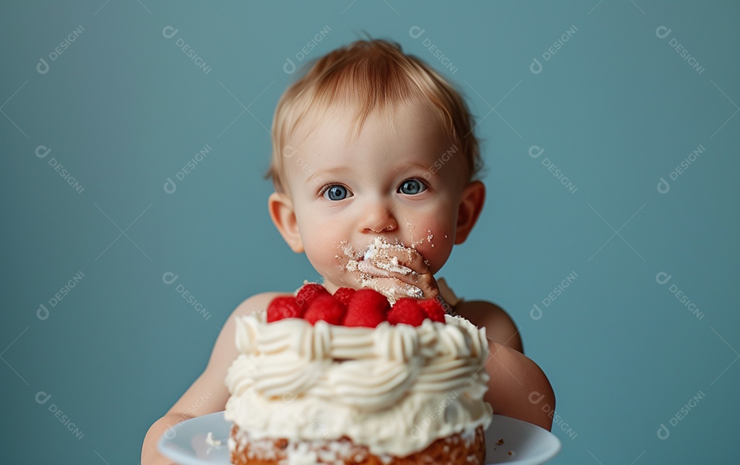 Menino com bolo mostrando sobremesa em fundo de cor sólida