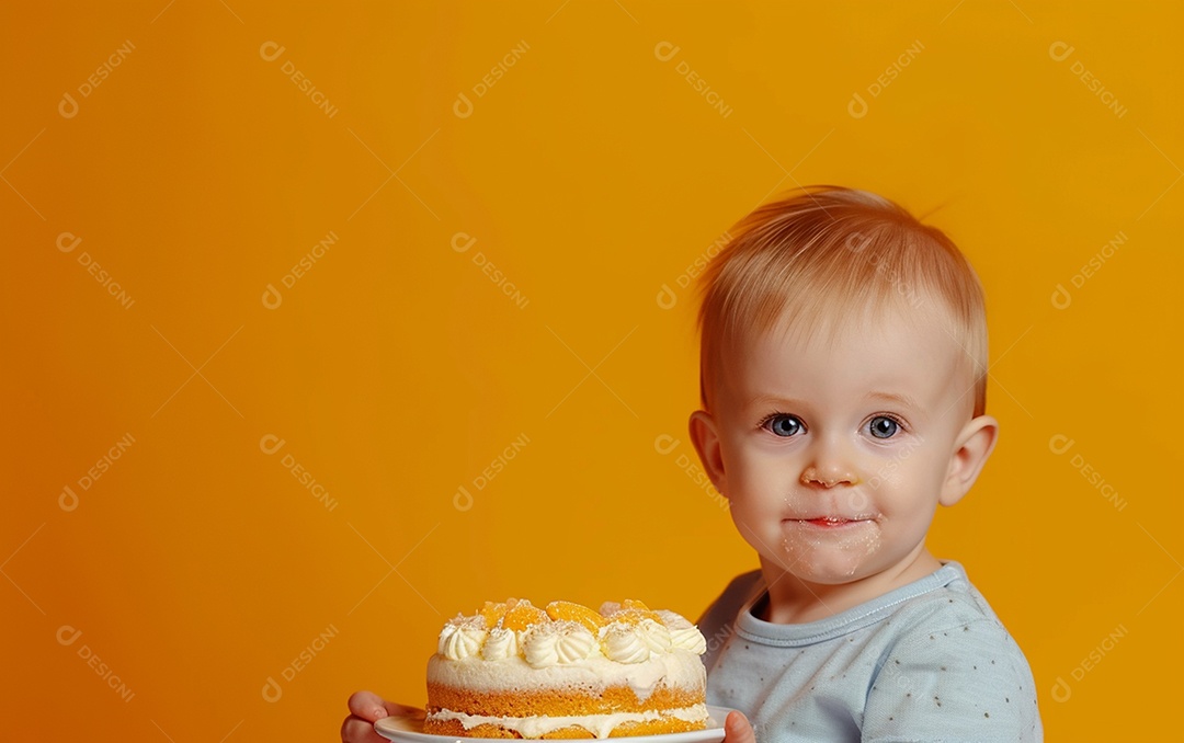 Lindo menino sorridente segurando uma criança de bolo de aniversário