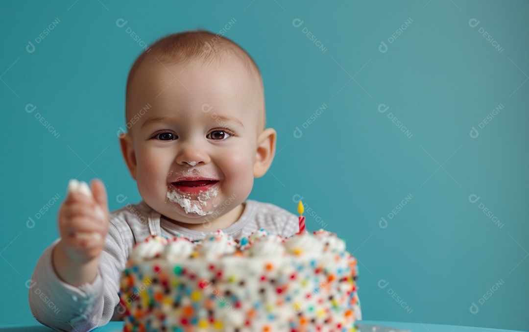 Lindo menino sorridente segurando uma criança de bolo de aniversário