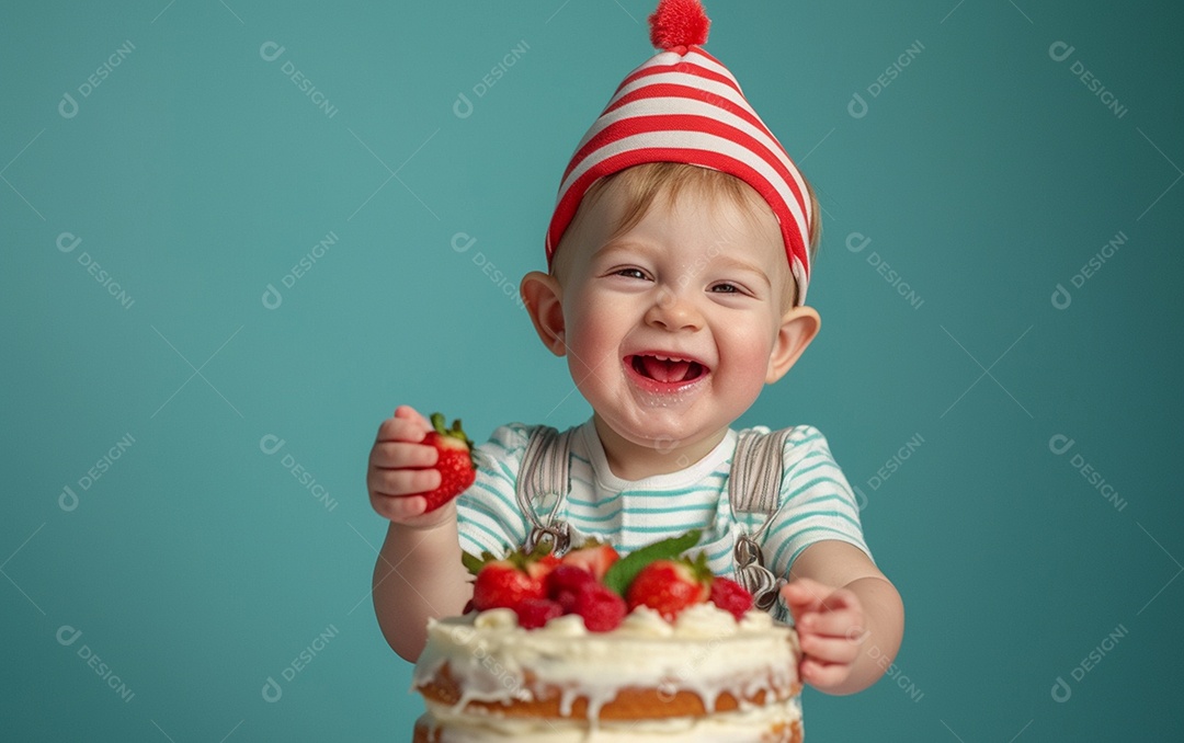 Lindo menino sorridente segurando uma criança de bolo de aniversário