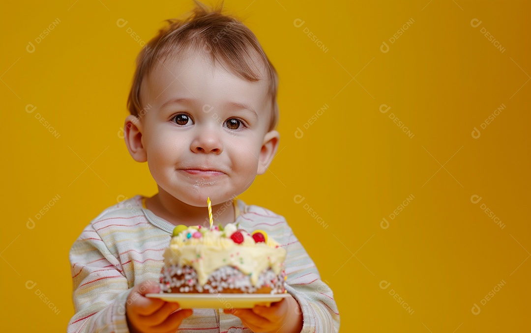 Menino com bolo mostrando sobremesa em fundo de cor sólida