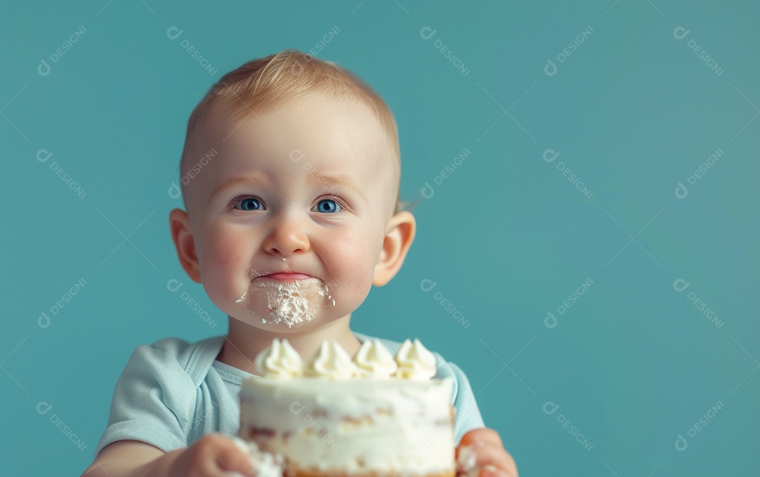 Menino com bolo mostrando sobremesa em fundo de cor sólida