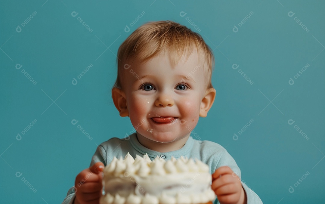 Menino com bolo mostrando sobremesa em fundo de cor sólida