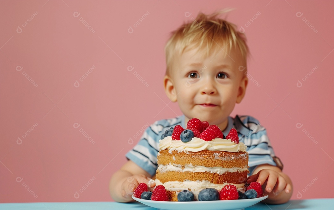 Menino com bolo mostrando sobremesa em fundo de cor sólida