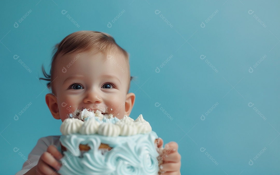 Menino com bolo mostrando sobremesa em fundo de cor sólida