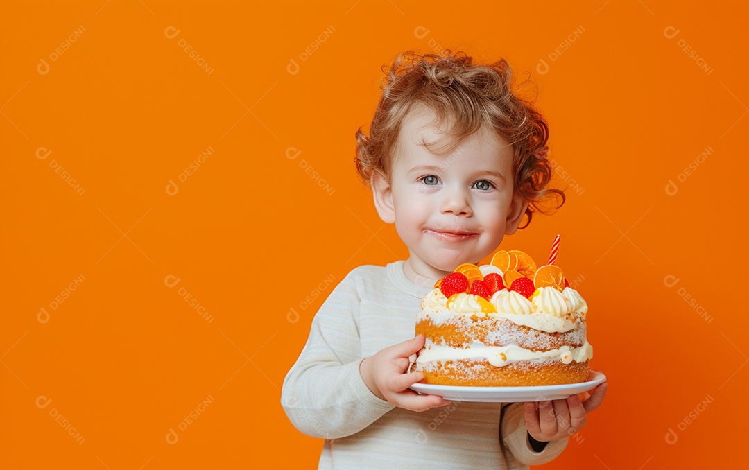 Menino com bolo mostrando sobremesa em fundo de cor sólida