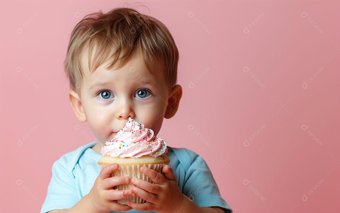 Menino com bolo mostrando sobremesa em fundo de cor sólida