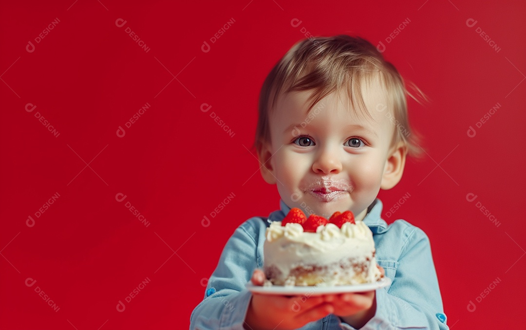 Menino com bolo mostrando sobremesa em fundo de cor sólida