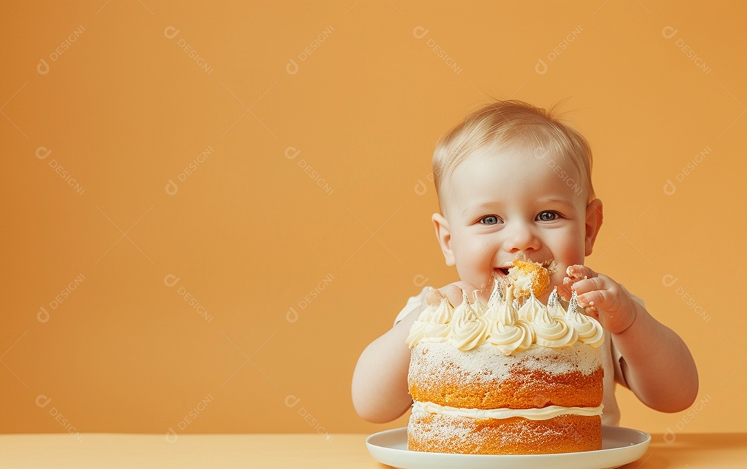 Menino com bolo mostrando sobremesa em fundo de cor sólida