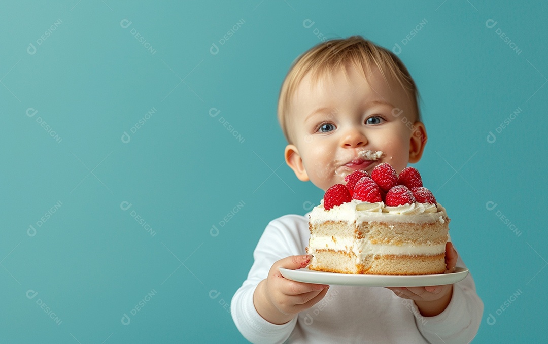 Menino com bolo mostrando sobremesa em fundo de cor sólida