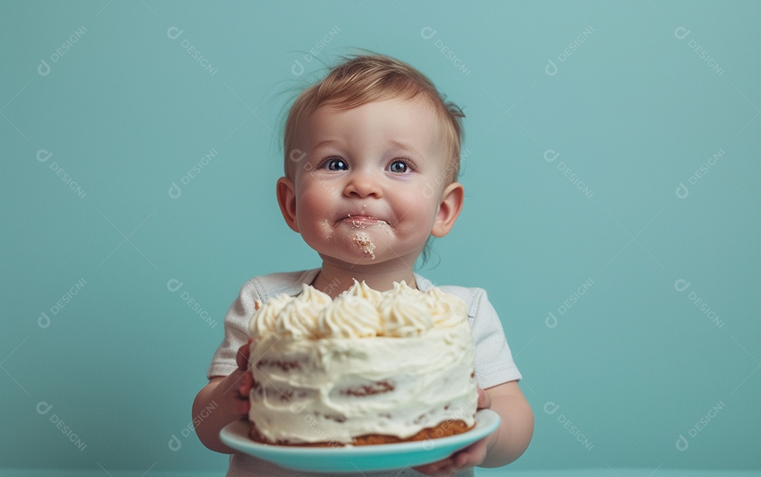 Menino com bolo mostrando sobremesa em fundo de cor sólida