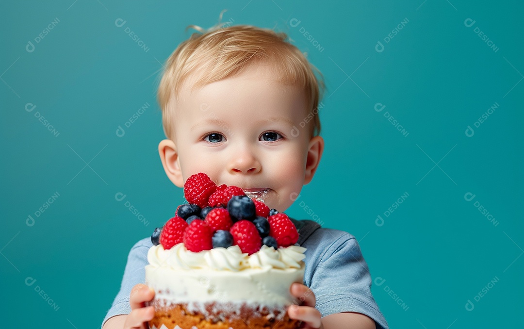Menino com bolo mostrando sobremesa em fundo de cor sólida