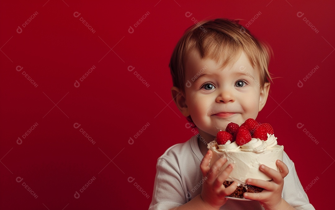 Menino com bolo mostrando sobremesa em fundo de cor sólida