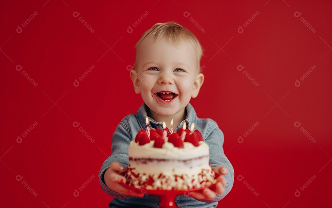 Menino com bolo mostrando sobremesa em fundo de cor sólida