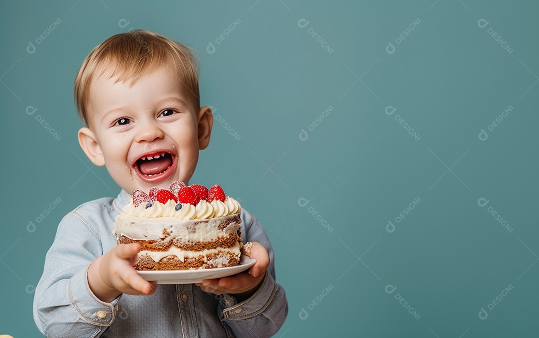 Menino com bolo mostrando sobremesa em fundo de cor sólida