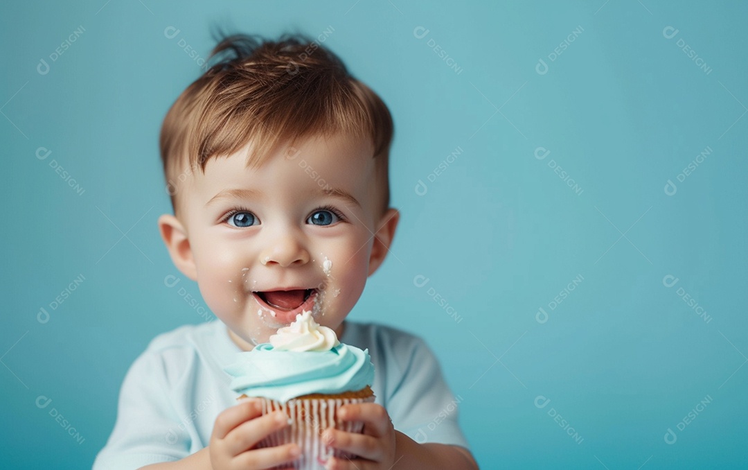 Menino com bolo mostrando sobremesa em fundo de cor sólida