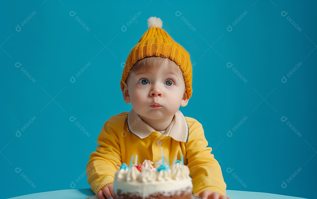 Menino com bolo mostrando sobremesa em fundo de cor sólida
