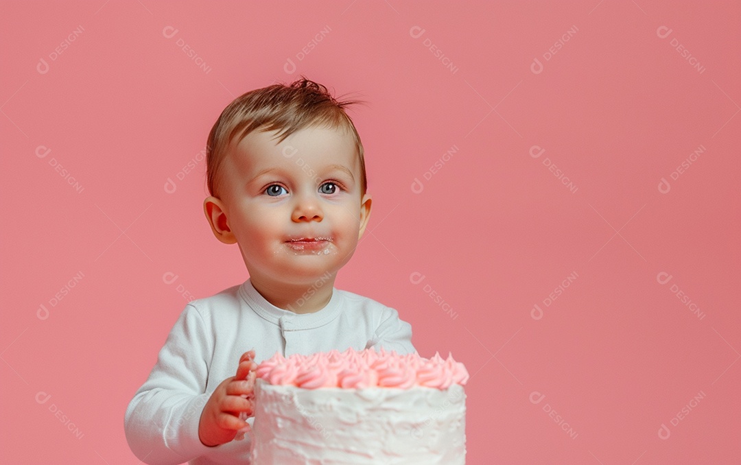 Menino com bolo mostrando sobremesa em fundo de cor sólida