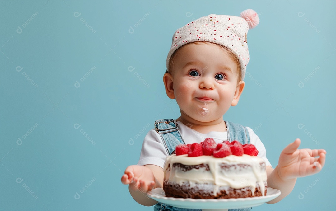 Menino com bolo mostrando sobremesa em fundo de cor sólida
