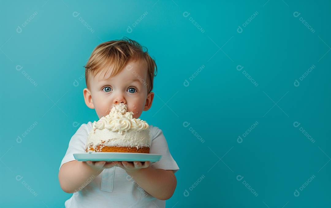 Menino com bolo mostrando sobremesa em fundo de cor sólida