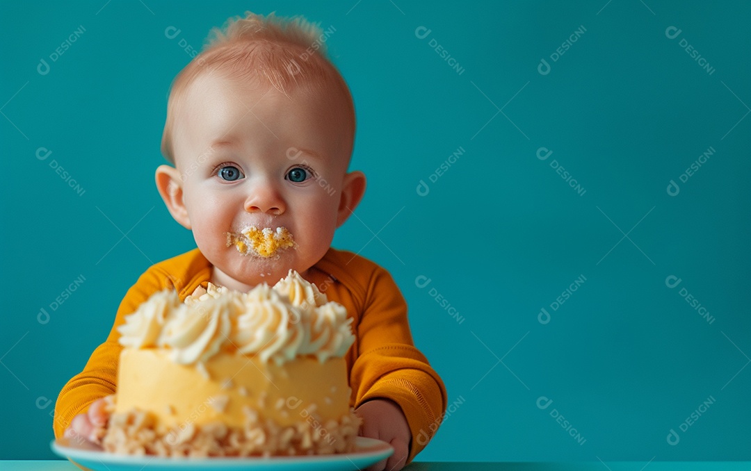 Menino com bolo mostrando sobremesa em fundo de cor sólida