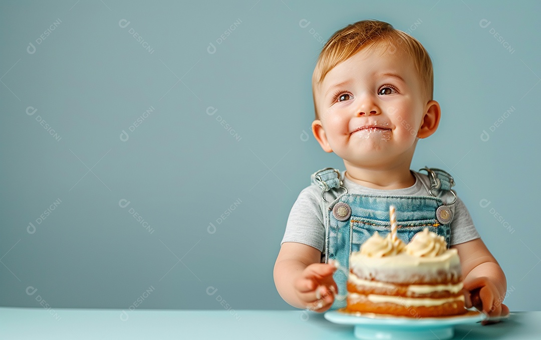 Menino com bolo mostrando sobremesa em fundo de cor sólida