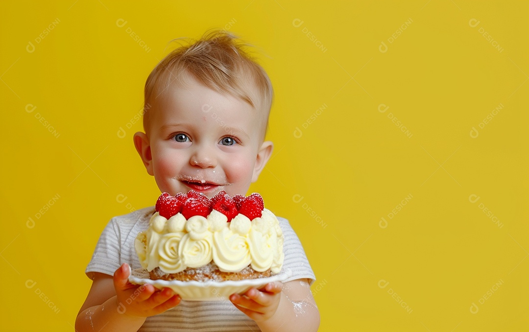 Menino com bolo mostrando sobremesa em fundo de cor sólida