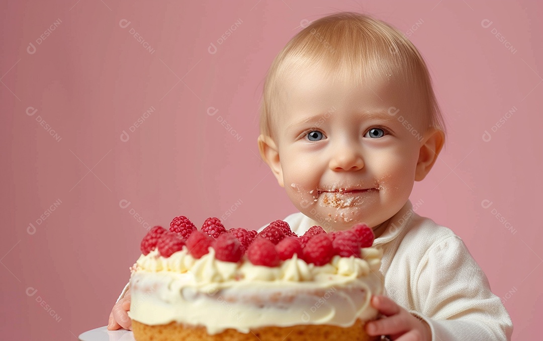 Menino com bolo mostrando sobremesa em fundo de cor sólida