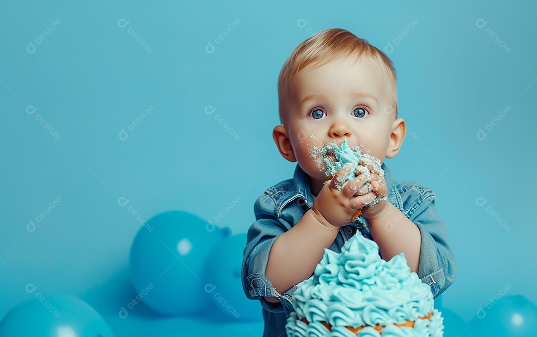 Menino com bolo mostrando sobremesa em fundo de cor sólida