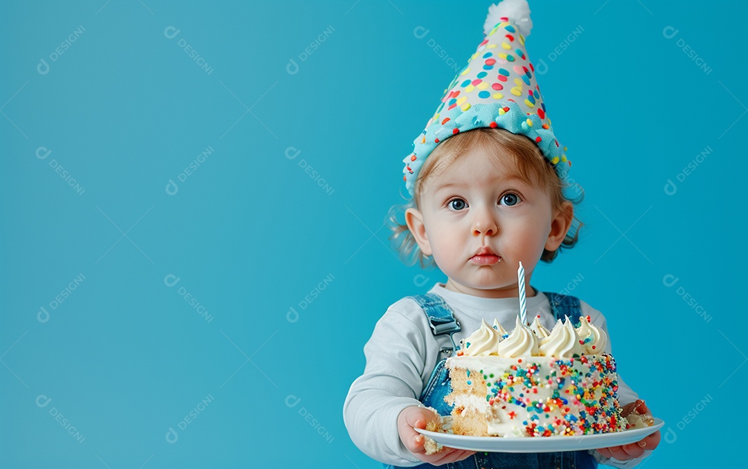 Menino com bolo mostrando sobremesa em fundo de cor sólida