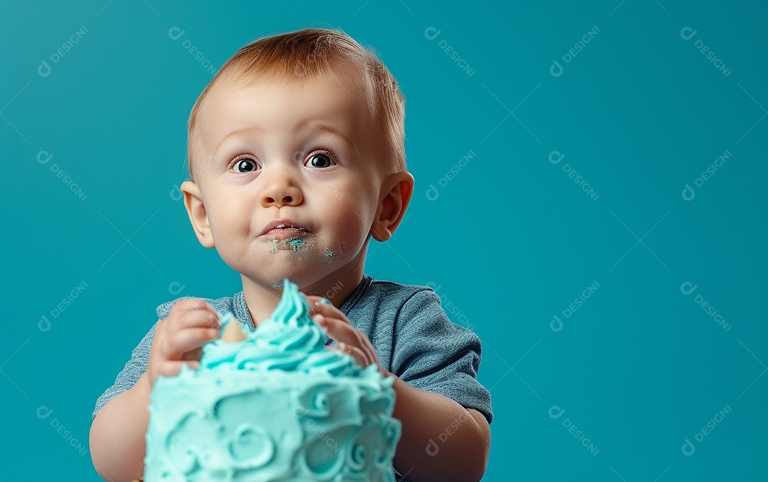 Menino com bolo mostrando sobremesa em fundo de cor sólida