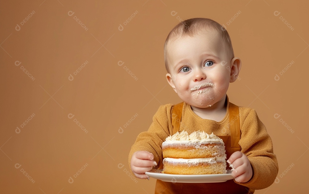 Menino com bolo mostrando sobremesa em fundo de cor sólida