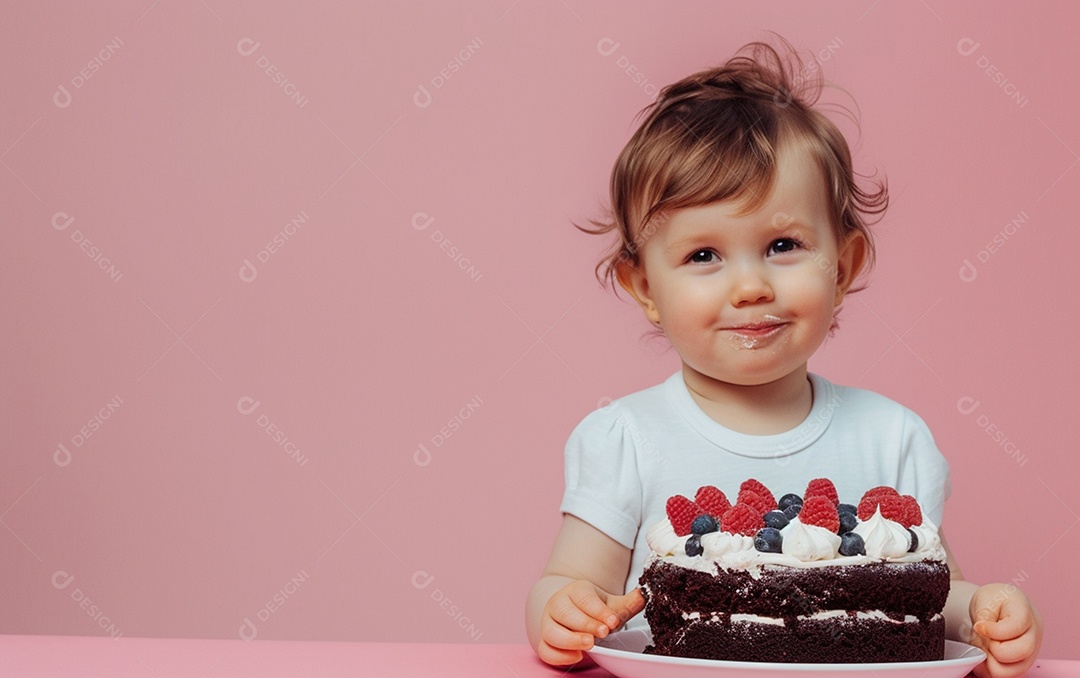 Menino com bolo mostrando sobremesa em fundo de cor sólida