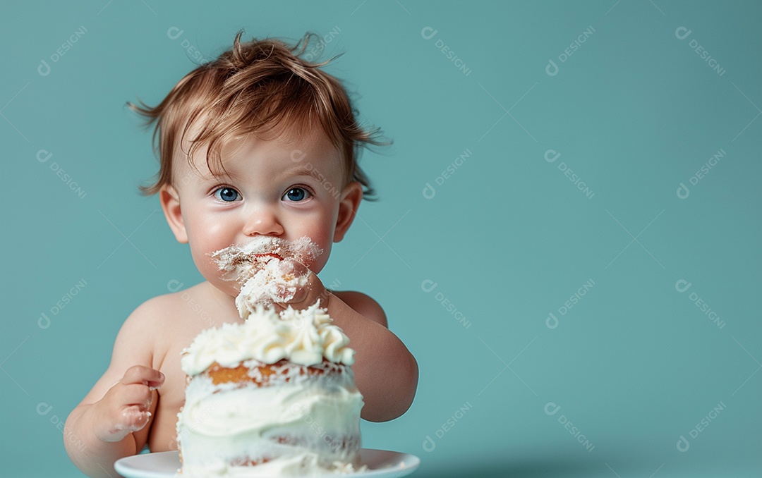 Menino com bolo mostrando sobremesa em fundo de cor sólida