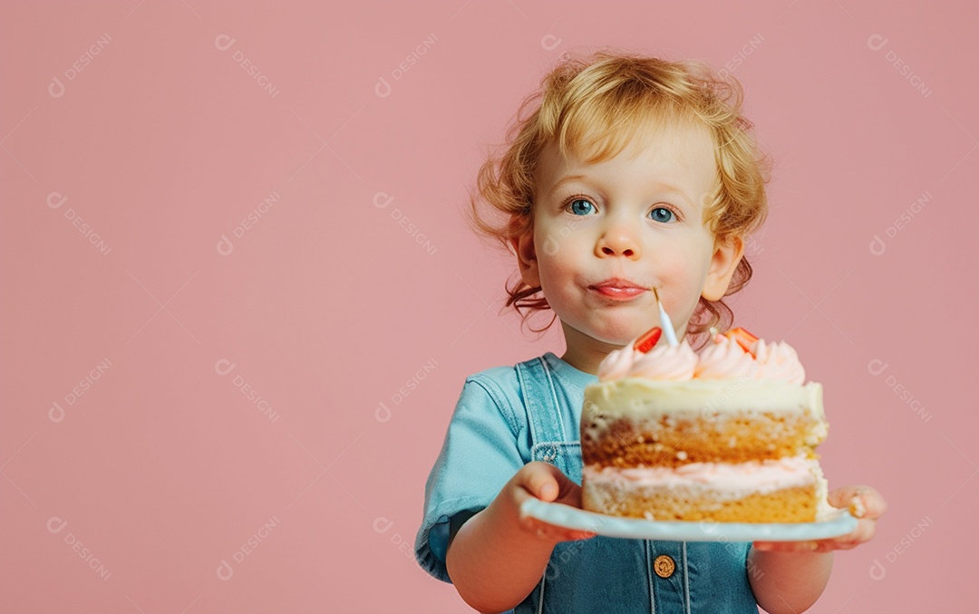 Menino com bolo mostrando sobremesa em fundo de cor sólida