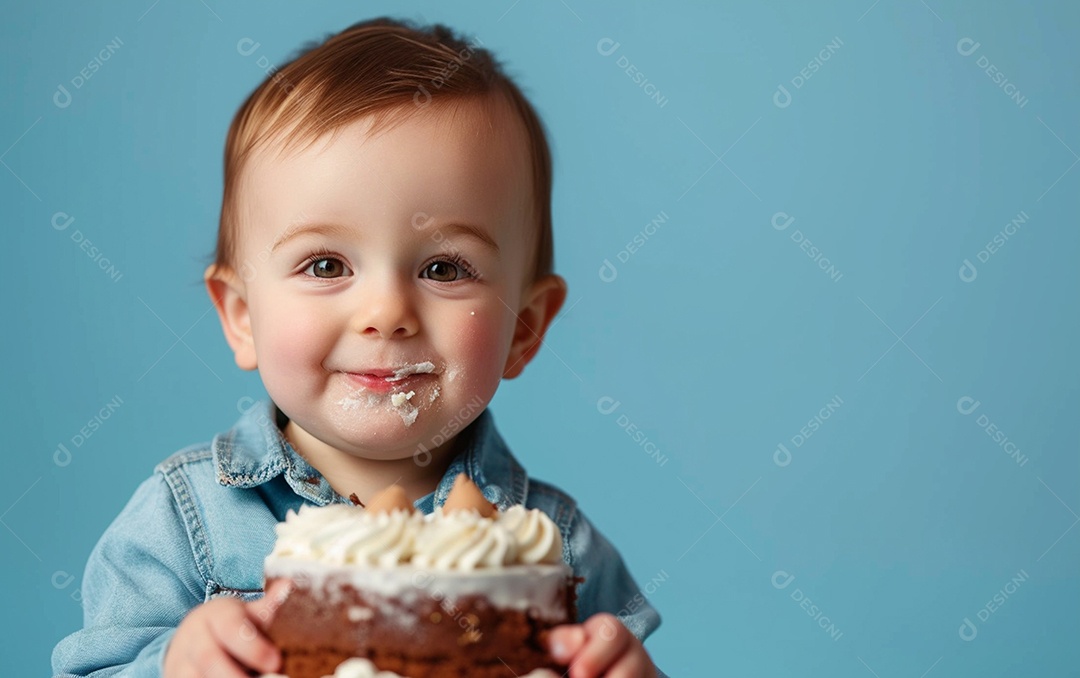 Menino com bolo mostrando sobremesa em fundo de cor sólida