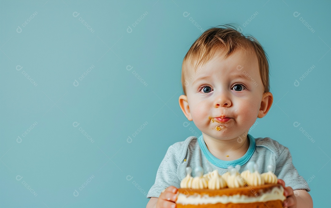 Menino com bolo mostrando sobremesa em fundo de cor sólida