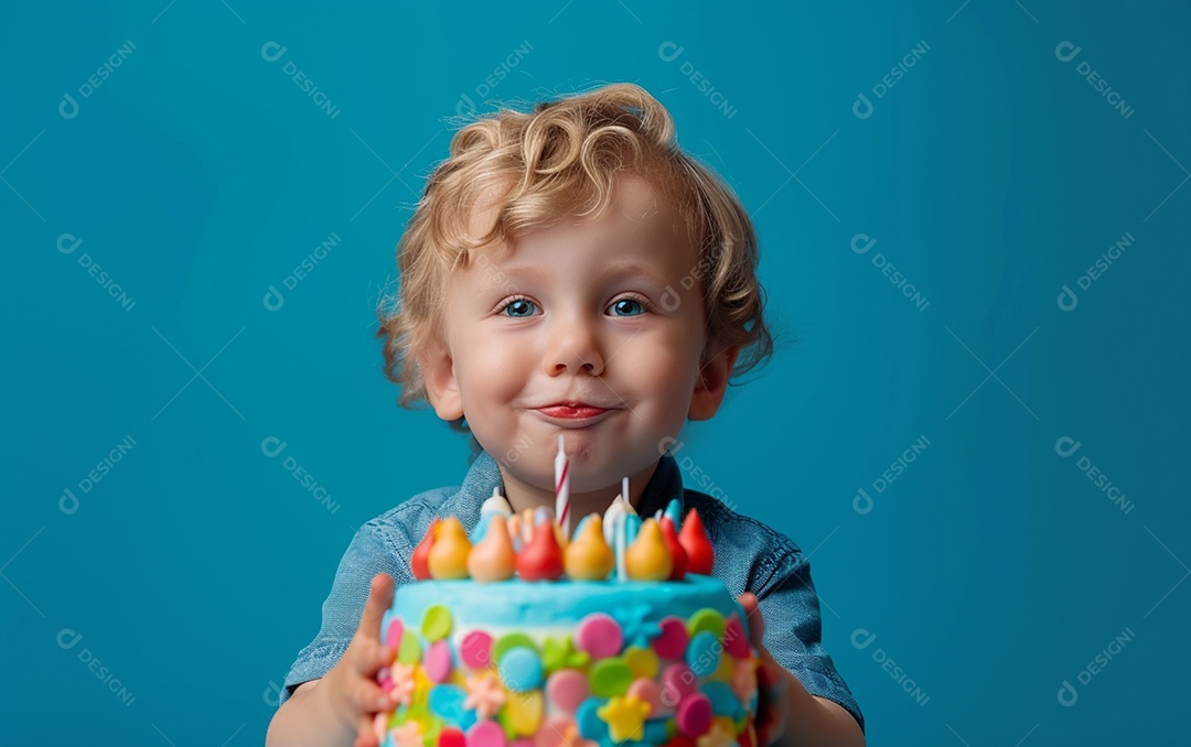 Menino com bolo mostrando sobremesa em fundo de cor sólida