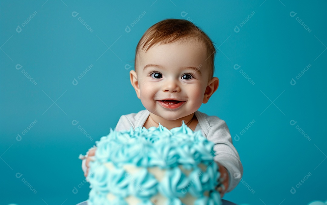 Menino com bolo mostrando sobremesa em fundo de cor sólida