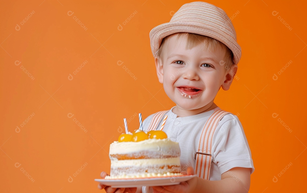 Menino com bolo mostrando sobremesa em fundo de cor sólida
