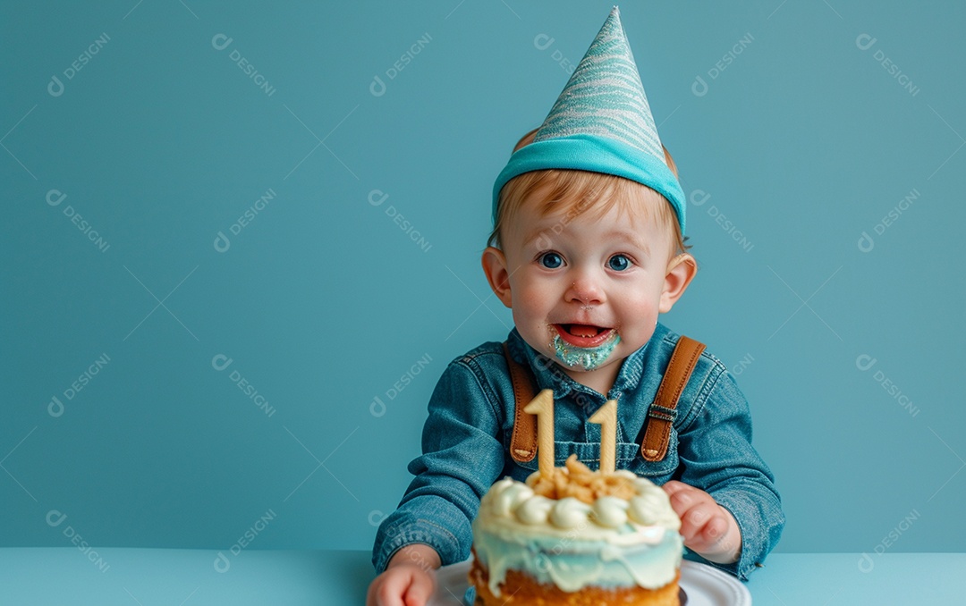 Menino com bolo mostrando sobremesa em fundo de cor sólida