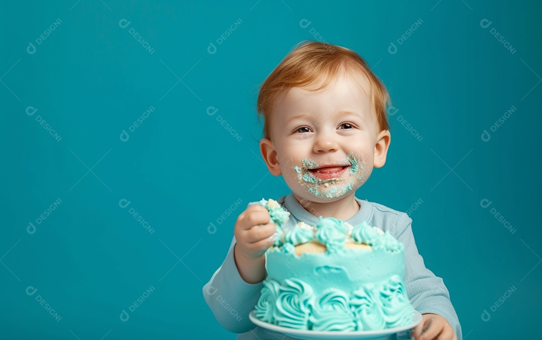 Menino com bolo mostrando sobremesa em fundo de cor sólida