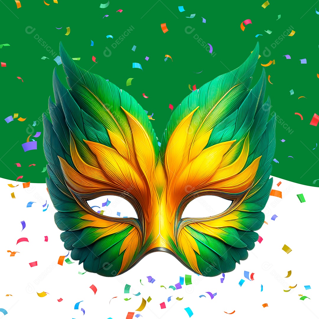 Máscara  Amarelo e Verde de Carnaval Elemento 3D para Composição PSD