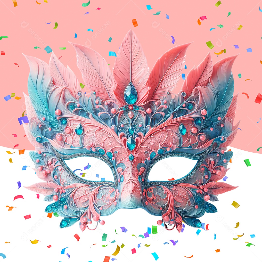 Máscara Rosa e Azul de Carnaval Elemento 3D para Composição PSD