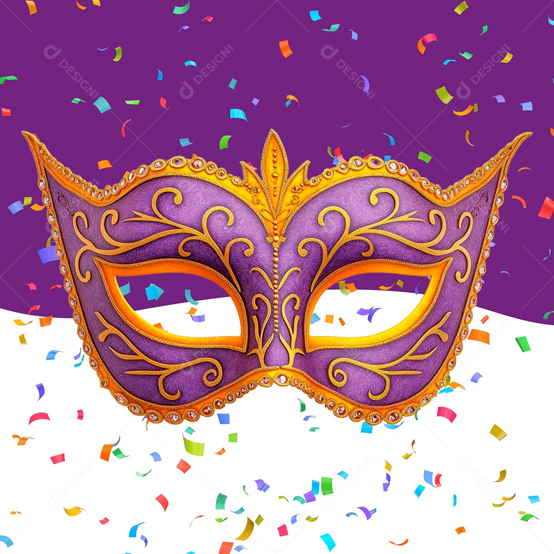 Máscara Laranja e Roxo de Carnaval Elemento 3D para Composição PSD